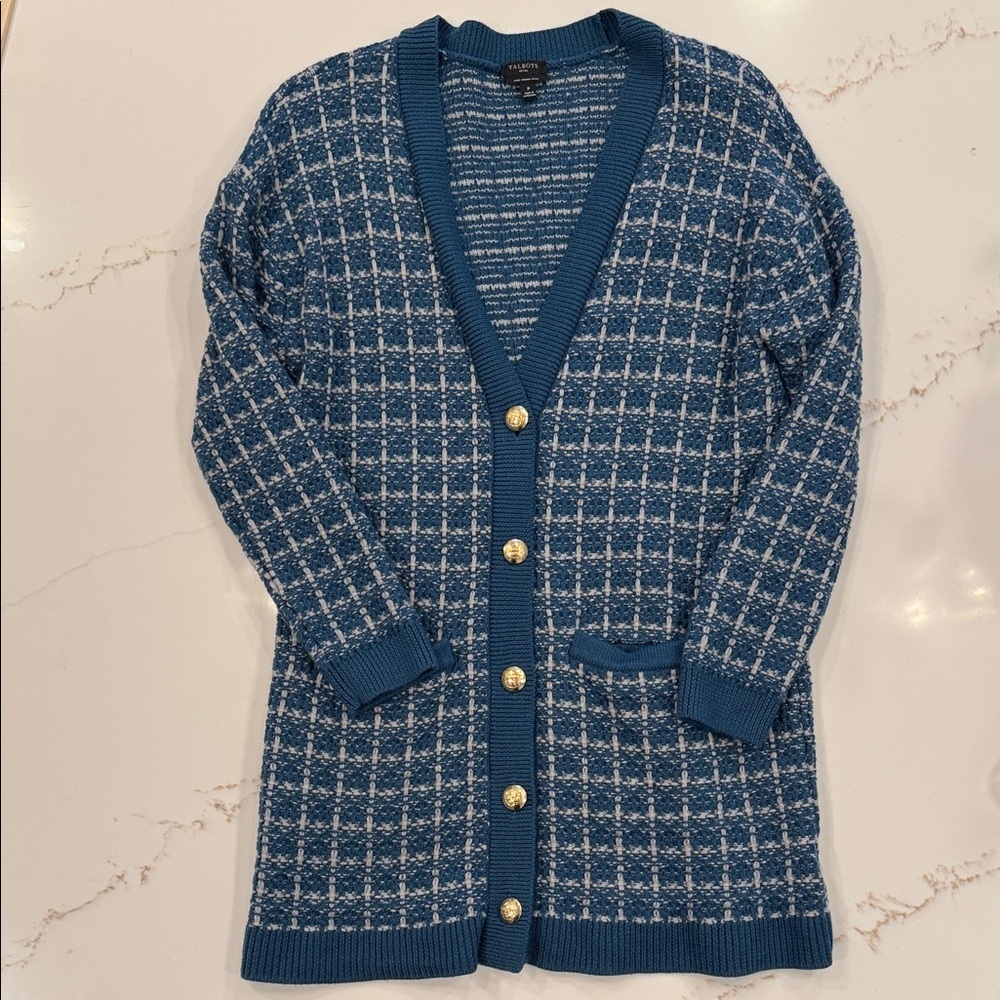Talbots 100% Merino Wool Teal Plaid Cardigan with Gold Buttons Petite